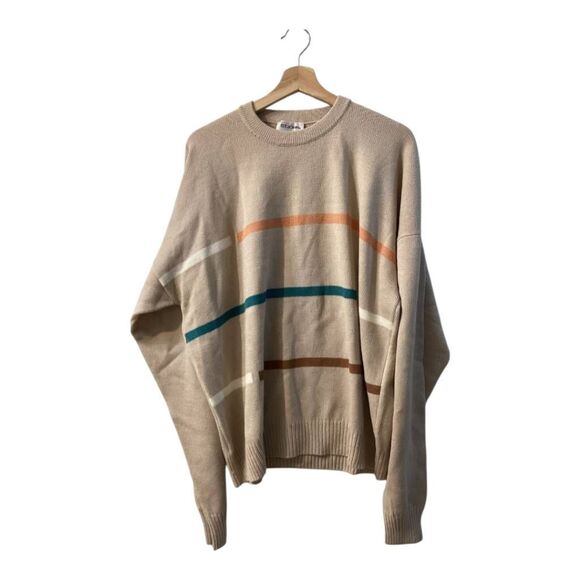 St john Vintage Beige Crewneck Sweater Retro Striped Knit Pullover Unisex Size X - Picture 1 of 15